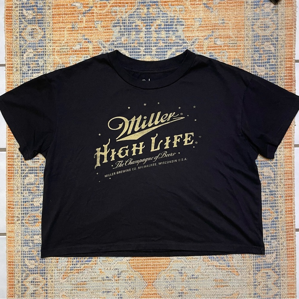Miller High Life Black Gold Screen Printed Shirt Cropped Short Sleeve Large